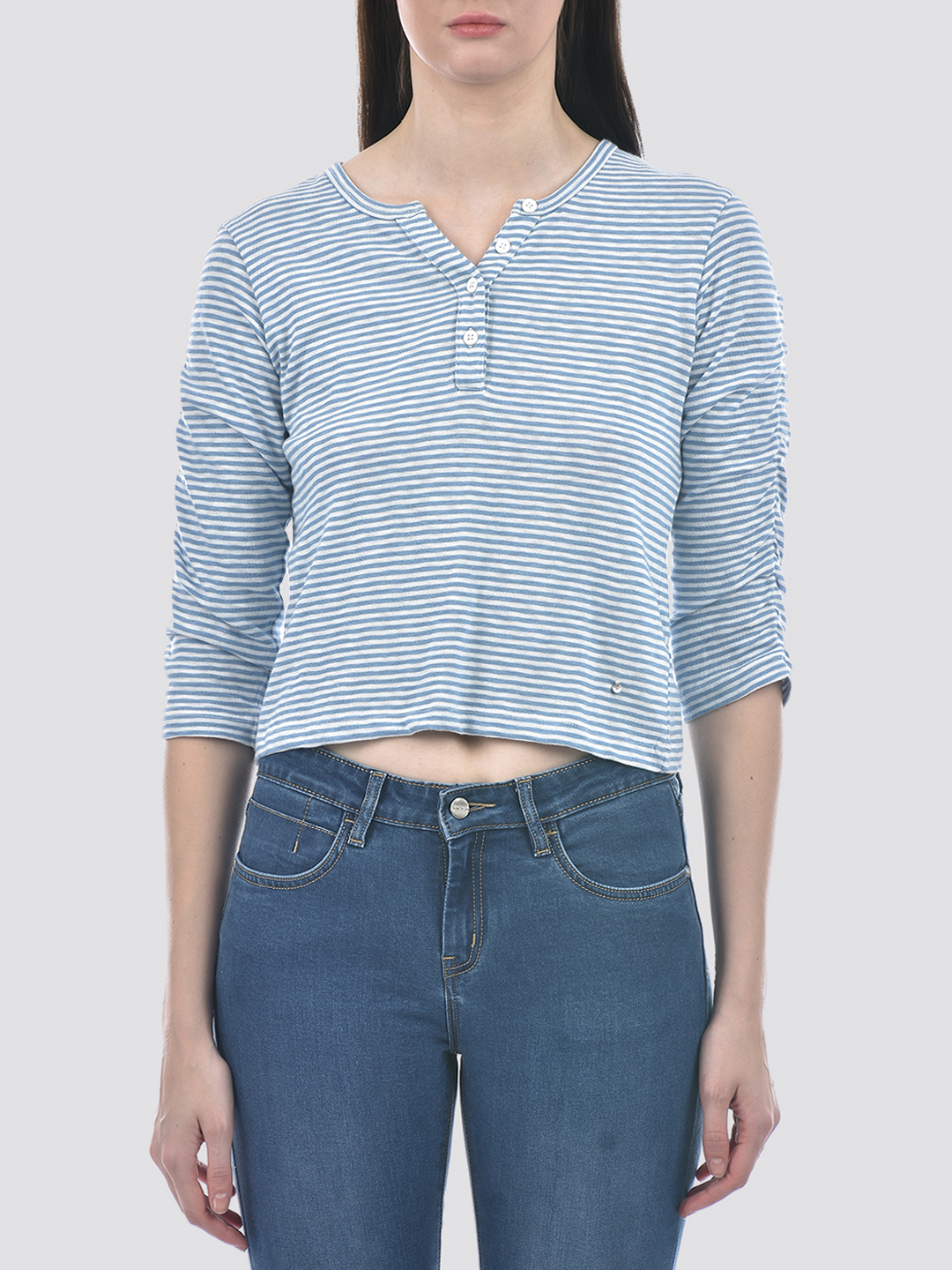 Numero Uno Women Blue & White Striped Henley T-Shirt